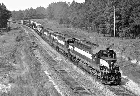 Northbound Seaboard Air Line Railroad train no. 280 climbs grade near Southern Pines, North Carolina, in July 1965. Photograph by J. Parker Lamb, © 2016, Center for Railroad Photography and Art. Lamb-01-071-12