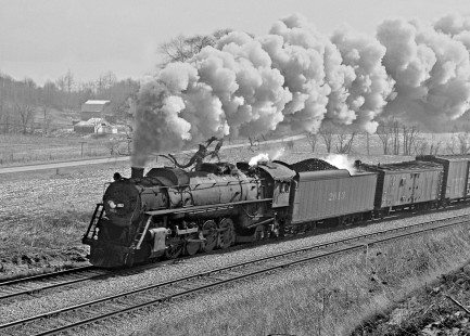Illinois Central Railroad 4-8-2 steam locomotive no. 2613 leading the northbound Cairo Turn local freight train south of Carbondale, Illinois, on the afternoon of December 28, 1959. Photograph by J. Parker Lamb, © 2015, Center for Railroad Photography and Art. Lamb-01-031-03