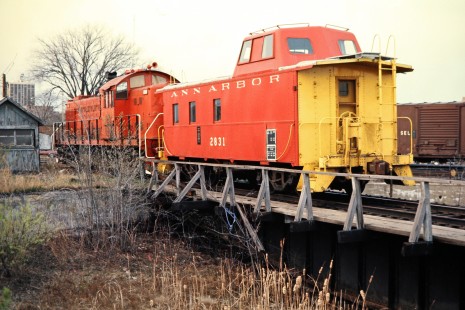 Ann Arbor Railroad caboose in Ann Arbor, Michigan, on April 15, 1977. Photograph by John F. Bjorklund, © 2015, Center for Railroad Photography and Art. Bjorklund-01-24-03