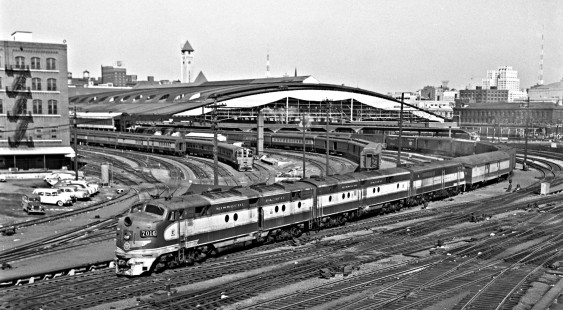 Missouri Pacific Railroad Texas-bound passenger-mail train leaves St. Louis Union Station in Missouri on March 7, 1959. Photograph by J. Parker Lamb, © 2015, Center for Railroad Photography and Art. Lamb-01-061-01