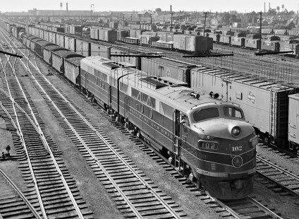 Refurbished Baltimore and Ohio Railroad FT diesel set heads east from yard at Columbus, Ohio, in August 1956. Photograph by J. Parker Lamb, © 2015, Center for Railroad Photography and Art. Lamb-01-004-05