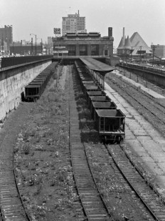 Empty ore cars stored on the former passenger tracks outside the closed Duluth Union Station on July 27, 1966. Photograph by Wallace W. Abbey, © 2015, Center for Railroad Photography and Art. Abbey-06-058-10
