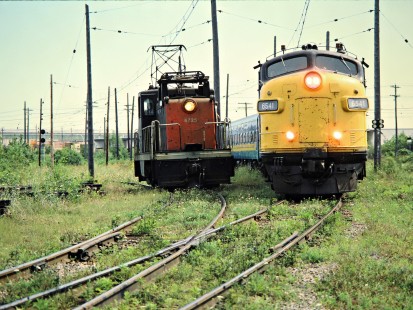 Westbound VIA Rail passenger train on the Canadian National Railway in Montreal, Quebec, on August 22, 1986. Photograph by John F. Bjorklund, © 2015, Center for Railroad Photography and Art. Bjorklund-22-12-04
