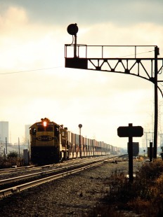 Eastbound Santa Fe Railway freight train in McCook, Illinois, on October 24, 1987.  Photograph by John F. Bjorklund, © 2015, Center for Railroad Photography and Art. Bjorklund-05-13-20