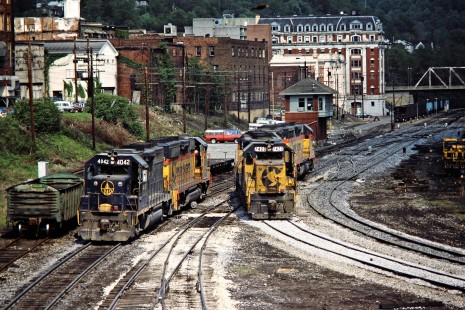 Baltimore and Ohio Railroad locomotives in Grafton, West Virginia, on May 21, 1984. D Tower and the railroad's former passenger station and hotel building stand in the background. Photograph by John F. Bjorklund, © 2015, Center for Railroad Photography and Art. Bjorklund-17-02-02