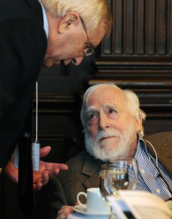 David Plowden greeting Jay Eaton at Friday's dinner. Center for Railroad Photography and Art. Photograph by Henry A. Koshollek
