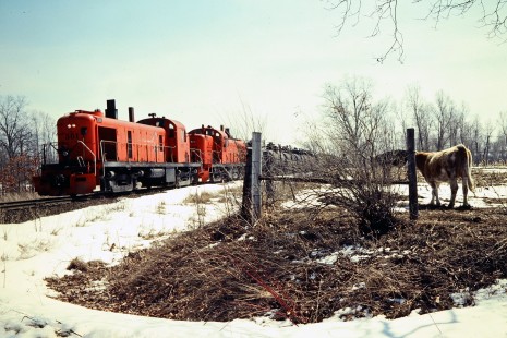 Northbound Ann Arbor Railroad freight train in Oak Grove, Michigan, on April 10, 1982. Photograph by John F. Bjorklund, © 2015, Center for Railroad Photography and Art. Bjorklund-03-27-01