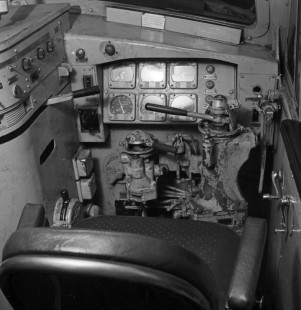 Control stand of a Union Pacific gas turbine locomotive at Green River, Wyoming, in 1953. Photograph by Wallace W. Abbey, © 2015, Center for Railroad Photography and Art. Abbey-01-154-02