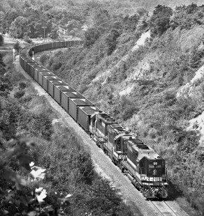 Eastbound Southern Railway coal train near Black Mountain, North Carolina, in August 1973, approaching the summit at Ridgecrest. Photograph by J. Parker Lamb, © 2016, Center for Railroad Photography and Art. Lamb-01-085-05