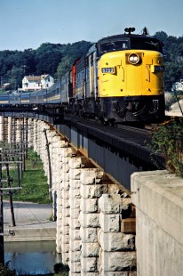 Eastbound VIA Rail passenger train on the Canadian National Railway in Port Hope, Ontario, on September 5, 1982. Photograph by John F. Bjorklund, © 2015, Center for Railroad Photography and Art. Bjorklund-21-11-15
