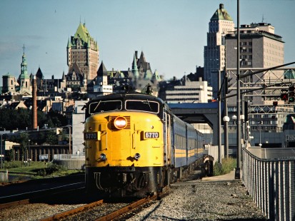 Westbound VIA Rail passenger train on the Canadian National Railway in Quebec City, Quebec, on August 20, 1986. Photograph by John F. Bjorklund, © 2015, Center for Railroad Photography and Art. Bjorklund-22-10-10