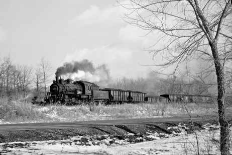 Bevier & Southern Railroad 2-6-0 steam locomotive no. 109 pulling a loaded coal train toward Bevier, Missouri, as vestiges of winter recede on March 6, 1959. Photograph by J. Parker Lamb, © 2015, Center for Railroad Photography and Art. Lamb-01-049-06