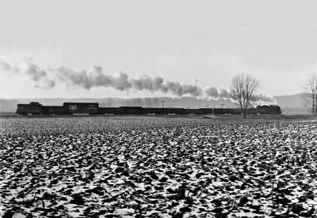 Illinois Central Railroad 2-8-2 steam locomotive no. 1537 leads the Thebes Turn local freight train through snow-covered fields en route to Murphysboro, Illinois, on January 27, 1959. Photograph by J. Parker Lamb, © 2015, Center for Railroad Photography and Art. Lamb-01-028-03