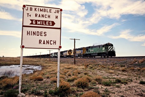 Eastbound Burlington Northern Railroad coal train near Clayton, New Mexico, on May 4, 1986. Photograph by John F. Bjorklund, © 2015, Center for Railroad Photography and Art. Bjorklund-13-16-05