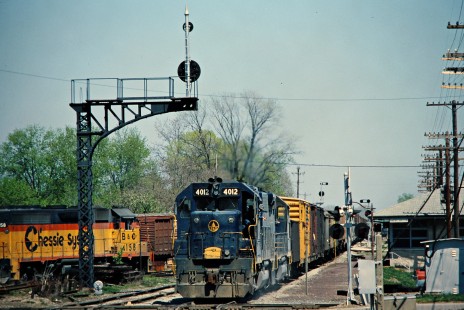 Westbound Baltimore and Ohio Railroad freight train in Mitchell, Indiana, on April 27, 1978. Photograph by John F. Bjorklund, © 2015, Center for Railroad Photography and Art. Bjorklund-16-08-18