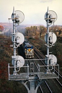 Delaware and Hudson Railway freight train and signals in Oneonta, New York, on October 19, 1974. Photograph by John F. Bjorklund, © 2015, Center for Railroad Photography and Art. Bjorklund-18-15-14