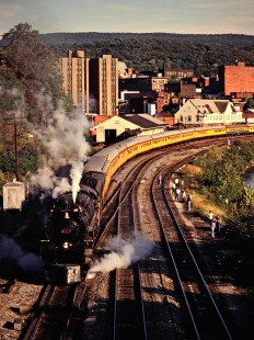 Westbound Chessie Safety Express passenger train with 4-8-4 steam locomotive no. 614 on the Baltimore and Ohio Railroad in Connellsville, Pennsylvania, on September 27, 1980. Photograph by John F. Bjorklund, © 2015, Center for Railroad Photography and Art. Bjorklund-16-16-08