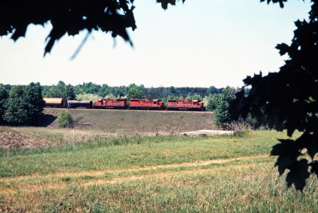 Westbound Ann Arbor Railroad freight train in Mesick, Michigan, on June 5, 1976. Photograph by John F. Bjorklund, © 2015, Center for Railroad Photography and Art. Bjorklund-01-12-02