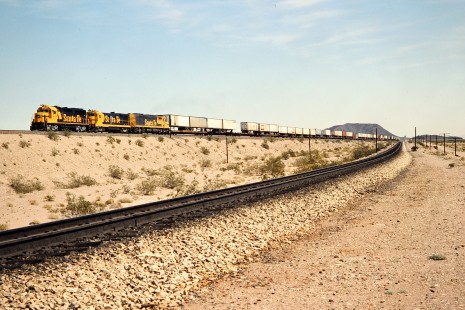 Westbound Santa Fe Railway freight train in Klondike, California, on April 12, 1989. Photograph by John F. Bjorklund, © 2015, Center for Railroad Photography and Art. Bjorklund-05-19-04