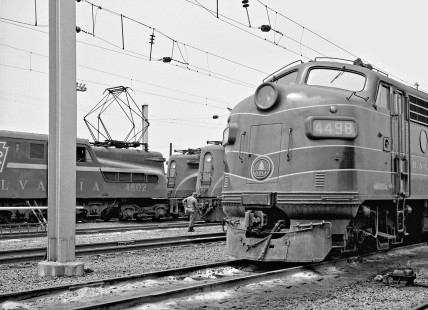 Motive power from two of America's earliest railroads, the Pennsylvania and the Baltimore & Ohio, rub shoulders at Potomac yard in Alexandria, Virginia, in 1962. Photograph by J. Parker Lamb, © 2016, Center for Railroad Photography and Art. Lamb-01-095-05