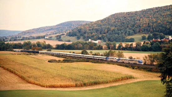 Westbound Delaware and Hudson Railway passenger excursion train with three PA locomotives in Otego, New York, on September 29, 1973. Photograph by John F. Bjorklund, © 2015, Center for Railroad Photography and Art. Bjorklund-18-14-27