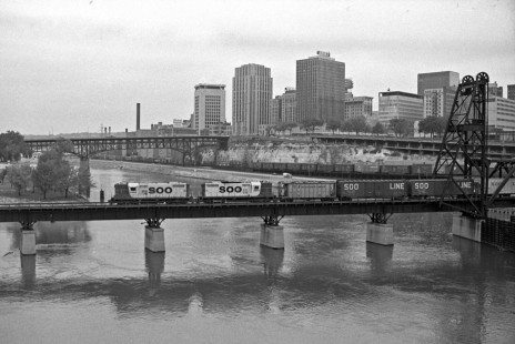 Soo Line freight train crossing the Mississippi River in St. Paul, Minnesota,  on October 14, 1968. Photograph by Wallace W. Abbey, © 2015, Center for Railroad Photography and Art. Abbey-06-121-05