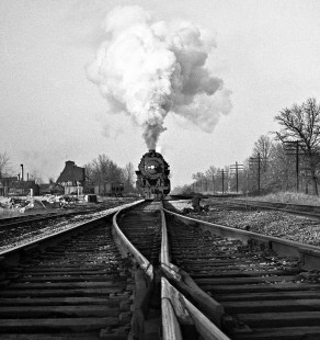 Illinois Central Railroad 4-8-2 steam locomotive no. 2527 approaching the turnout to the Orient coal mine at Du Bois, Illinois, on January 26, 1959. © 2015, Center for Railroad Photography and Art, Lamb-01-028-12