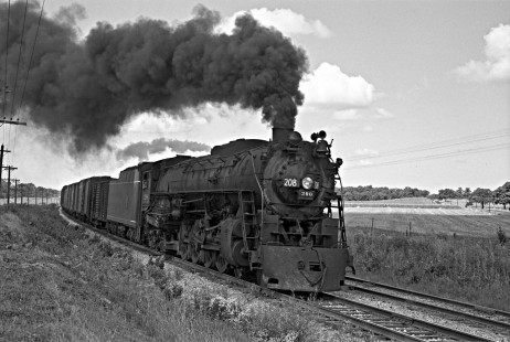 Milwaukee Road S2-class 4-8-4 steam locomotive no. 208 leads an eastbound freight train into Elgin, Illinois, on August 5, 1948. Photograph by Wallace W. Abbey, © 2015, Center for Railroad Photography and Art. Abbey-02-159-04