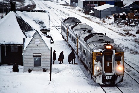 Eastbound VIA Rail passenger train on the Canadian National Railway in Watford, Ontario, on January 31, 1987. Photograph by John F. Bjorklund, © 2015, Center for Railroad Photography and Art. Bjorklund-22-16-08