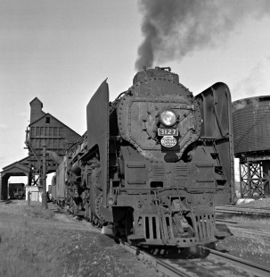 Southbound New York Central Railroad 4-8-2 Mohawk steam locomotive no. 3127 gets water at Galion, Ohio, on September 25, 1955. Photograph by J. Parker Lamb, © 2015, Center for Railroad Photography and Art. Lamb-01-016-07