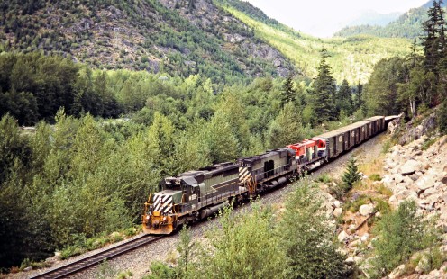 British Columbia Railway freight train at Birken, British Columbia, on August 6, 1985. Photograph by John F. Bjorklund, © 2015, Center for Railroad Photography and Art. Bjorklund-18-10-04