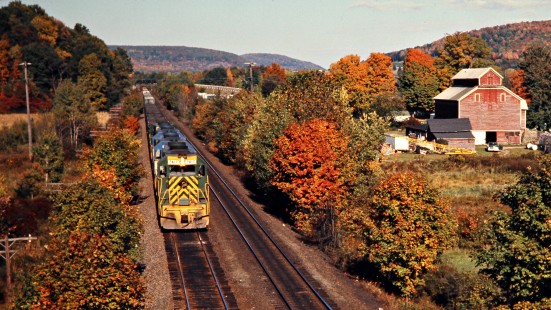 Westbound Delaware and Hudson Railway freight train in Unadilla, New York, on October 5, 1976. Photograph by John F. Bjorklund, © 2015, Center for Railroad Photography and Art. Bjorklund-18-24-16
