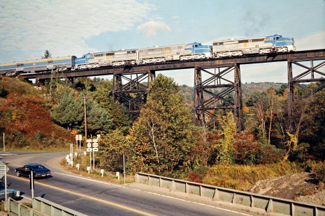 Eastbound Delaware and Hudson Railway passenger excursion train with three PA locomotives in Ninevah, New York, on September 29, 1973. Photograph by John F. Bjorklund, © 2015, Center for Railroad Photography and Art. Bjorklund-18-11-02