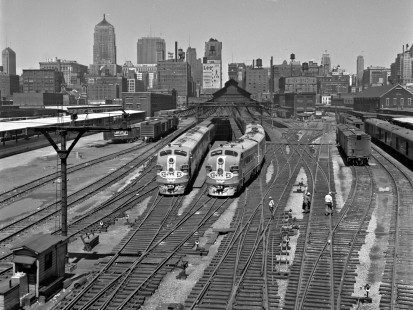 Santa Fe Railway passenger trains at Chicago's Dearborn Station, as seen from Roosevelt Road on July 20, 1952. Photograph by Wallace W. Abbey, © 2015, Center for Railroad Photography and Art. Abbey-03-044-06