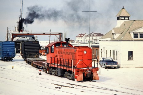 Ann Arbor Railroad freight train and <i>City of Milwaukee</i> car ferry in Elberta, Michigan, on March 2, 1980. Photograph by John F. Bjorklund, © 2015, Center for Railroad Photography and Art. Bjorklund-03-24-04