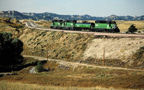 Westbound Burlington Northern Railroad helpers in Crawford, Nebraska, on September 28, 1983. Photograph by John F. Bjorklund, © 2015, Center for Railroad Photography and Art. Bjorklund-12-19-23