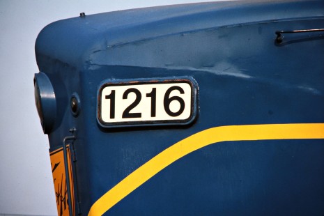 Detail of Delaware and Hudson Railway Baldwin "shark" locomotive no. 1216 in Binghamton, New York, on July 23, 1975. Photograph by John F. Bjorklund, © 2015, Center for Railroad Photography and Art. Bjorklund-18-17-09