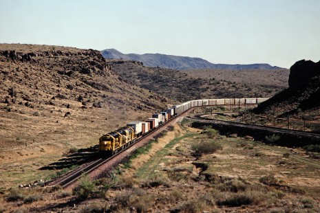 Santa Fe Railway freight train in Getz, Arizona, on June 2, 1990.     Photograph by John F. Bjorklund, © 2015, Center for Railroad Photography and Art. Bjorklund-05-22-03
