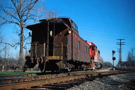 Northbound Ann Arbor Railroad caboose in Pittsfield, Michigan, on April 15, 1978. Photograph by John F. Bjorklund, © 2015, Center for Railroad Photography and Art. Bjorklund-01-27-06