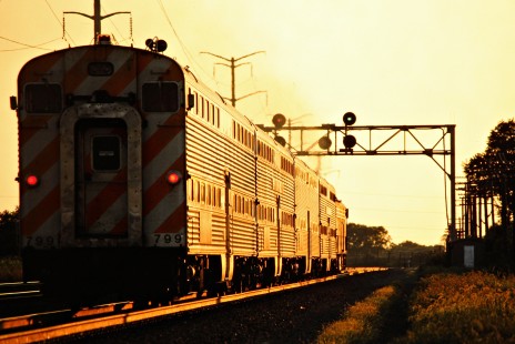 Westbound Metra/Burlington Northern Railroad commuter train in Naperville, Illinois, on August 10, 1991. Photograph by John F. Bjorklund, © 2015, Center for Railroad Photography and Art. Bjorklund-14-13-24