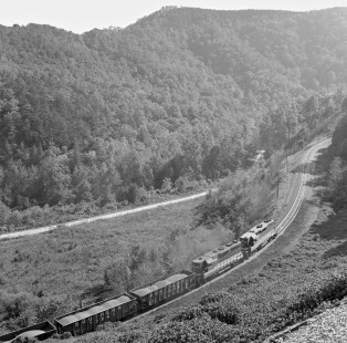 View from top of Andrews Loop shows westbound Southern Railway coal train climbing out of Old Fort, North Carolina, in September 1972. Photograph by J. Parker Lamb, © 2016, Center for Railroad Photography and Art. Lamb-01-095-07