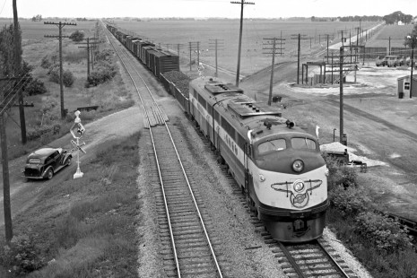 Chicago & North Western FT diesel no. 4051 approaches the tower at Rochelle, Illinois, with an eastbound freight train on June 20, 1948. Photograph by Wallace W. Abbey, © 2015, Center for Railroad Photography and Art. Abbey-02-137-03
