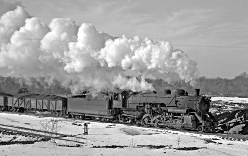 Leased Chicago, Burlington and Quincy Railroad Mike steam locomotive no. 4955 leaves coal loader with train for Bevier, Missouri, on January 29, 1959. Photograph by J. Parker Lamb, © 2015, Center for Railroad Photography and Art. Lamb-01-049-11