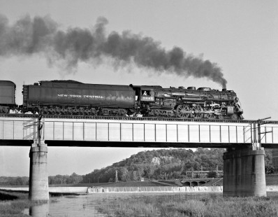 Southbound New York Central Railroad Hudson steam locomotive no. 5445 crosses Miami River in Dayton, Ohio, in September 1955. Photograph by J. Parker Lamb, © 2015, Center for Railroad Photography and Art. Lamb-01-016-04