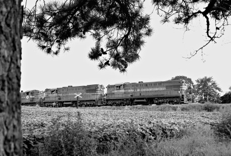 Westbound Norfolk Southern Railway manifest freight train rumbles along main line near Varina, North Carolina, west of Raleigh, NC, in August 1963. Photograph by J. Parker Lamb, © 2016, Center for Railroad Photography and Art. Lamb-01-088-04