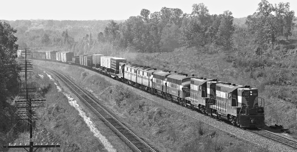 Northbound Seaboard Air Line Railroad freight train no. 280 leaves Raleigh, North Carolina, behind a mix of EMD units in April 1962. Photograph by J. Parker Lamb, © 2016, Center for Railroad Photography and Art. Lamb-01-074-03