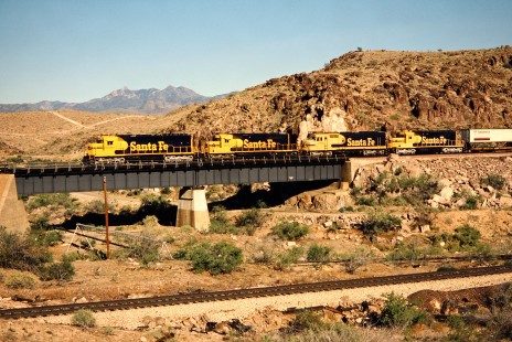 Santa Fe Railway freight train in Kingman, Arizona, on June 2, 1990. Photograph by John F. Bjorklund, © 2015, Center for Railroad Photography and Art. Bjorklund-05-23-19