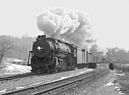 Illinois Central Railroad 4-8-2 steam locomotive no. 2613 leading the northbound Cairo Turn local freight train through Cobden, Illinois, on December 28, 1959. Photograph by J. Parker Lamb, © 2015, Center for Railroad Photography and Art. Lamb-01-031-01