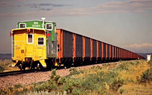 Westbound Burlington Northern Railroad coal train near Moorcroft, Wyoming, on July 15, 1980. Photograph by John F. Bjorklund, © 2015, Center for Railroad Photography and Art. Bjorklund-11-22-13