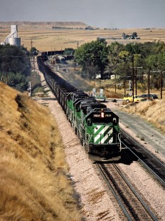 Eastbound Burlington Northern Railroad coal train in Crawford, Nebraska, on September 28, 1983. Photograph by John F. Bjorklund, © 2015, Center for Railroad Photography and Art. Bjorklund-12-19-17